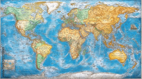 Detailed world map, showing continents, countries, oceans, and geographic features.  Possible use educational, reference