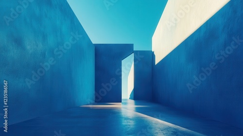 Abstract Architectural Space with Blue Walls and Bright Light