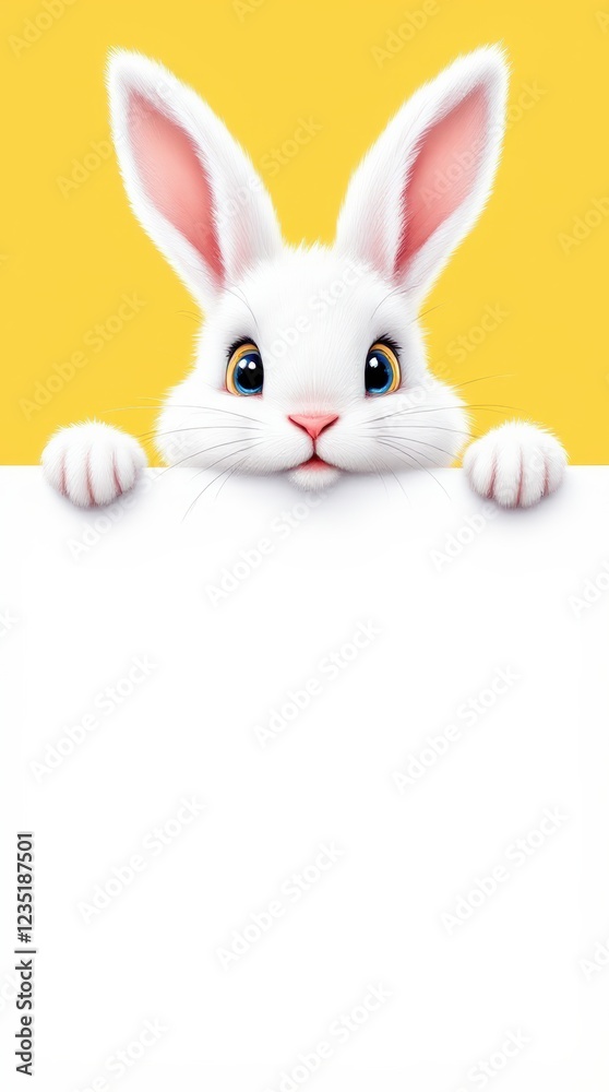 Obraz premium A playful Easter-themed design featuring a cute white bunny with fluffy fur and bright eyes peeking over a blank white banner