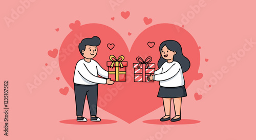A couple exchanges gifts against a heart-filled background, symbolizing love and affection on Valentine's Day.