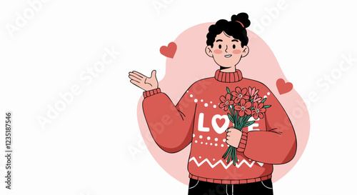 Illustration of a smiling person wearing a love-themed sweater with flowers, showcasing a gesture of affection and warmth.