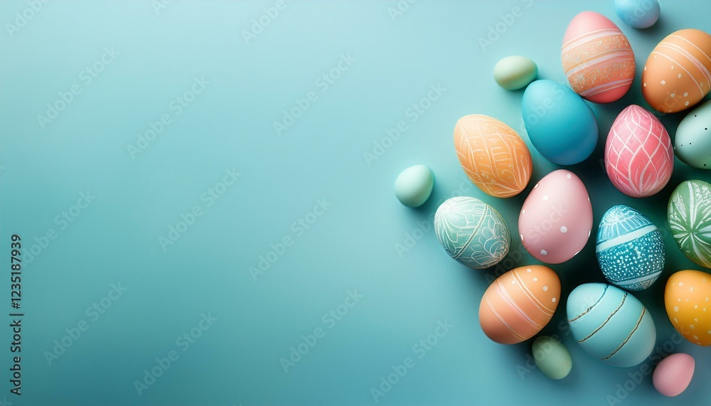 colourful easter eggs organized in a corner of a mild blue background ready for spring celebration colourful easter eggs organized in a corner of a mild blue background ready for spring celebration