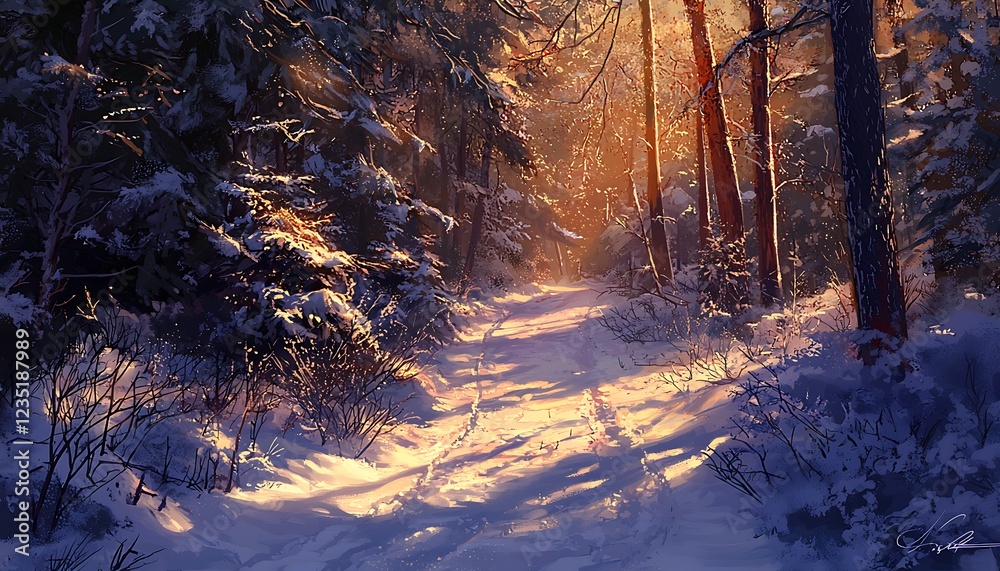 A snow-covered trail through a quiet forest, illuminated by soft winter sunlight.
