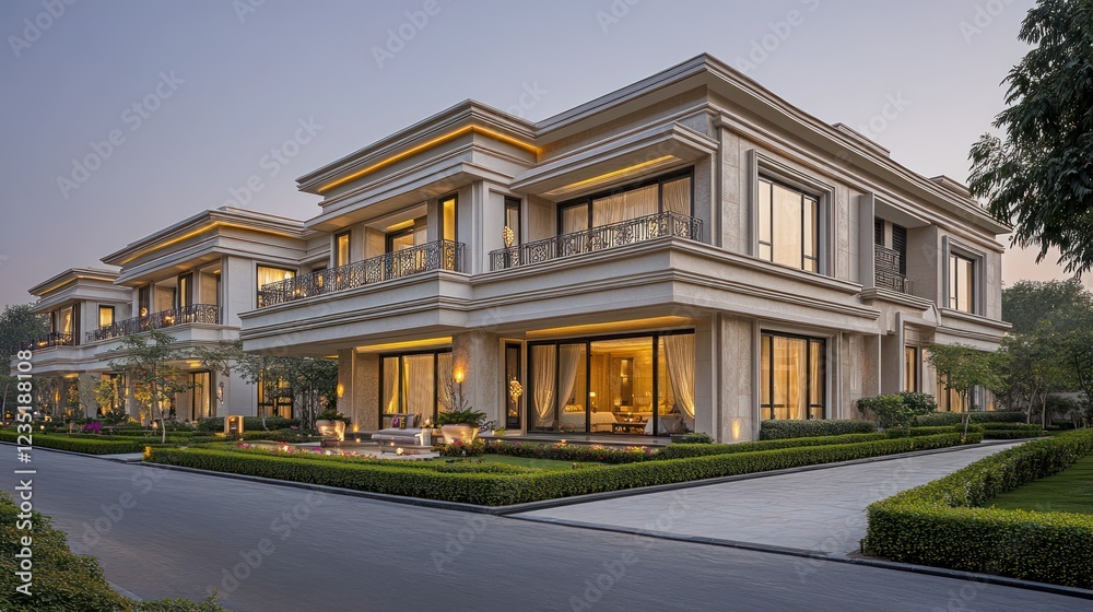 Elegant villas, evening view, luxury estate, landscaped gardens Elegant villas, evening view, luxury estate, landscaped gardens