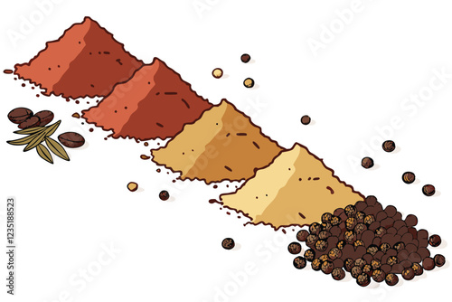  Photograph of a horizontal line of five different spices, each in a separate mound, from left to right red chili powder, turmeric powder, ginger powder, black pepper, and turmeric powder. The spices 