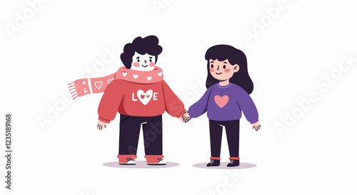 Illustration of a cheerful couple in love holding hands, wearing cute sweaters and scarves adorned with hearts, set on a white background.