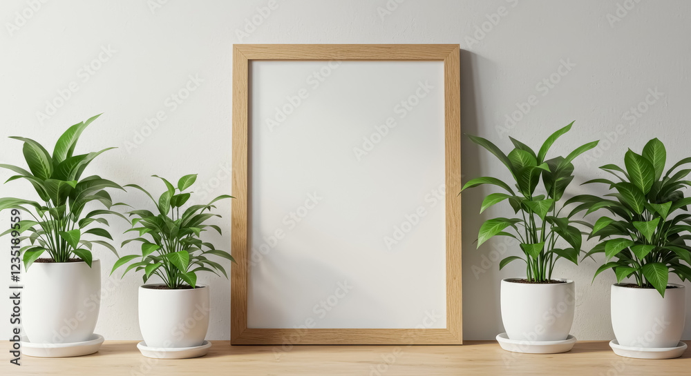 A modern and minimalistic tabletop setup featuring a blank wooden frame surrounded by potted plants with lush green leaves A modern and minimalistic tabletop setup featuring a blank wooden frame surrounded by potted plants with lush green leaves