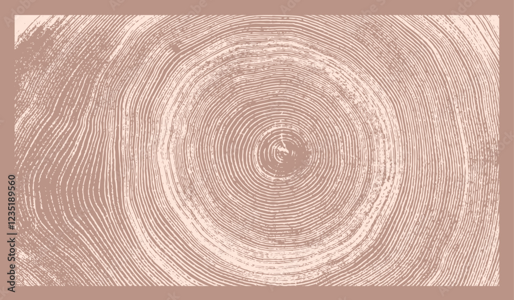 Monotone pink and mocha botanical tree rings of end grain of wood slab. Growth rings art with texture and cracked surface.