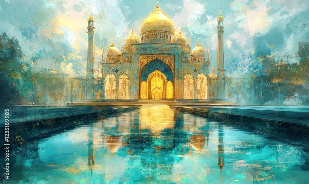 Obraz premium Golden Mosque Reflection Peaceful Water Landscape Art