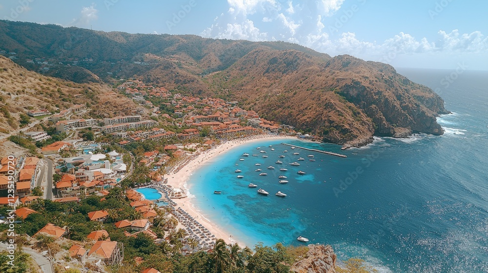 Naklejka premium Coastal Resort Town nestled in a Mountain Bay