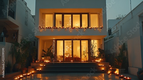 Festive Diwali House Exterior at Night photo