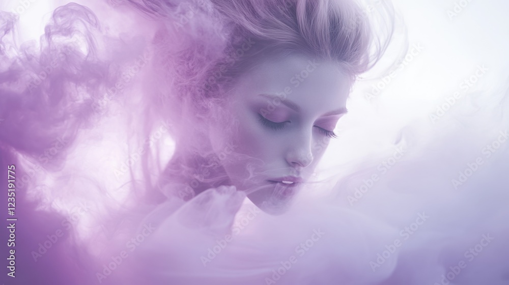 Ethereal beauty enveloped in soft purple clouds in a serene artistic expression Ethereal beauty enveloped in soft purple clouds in a serene artistic expression