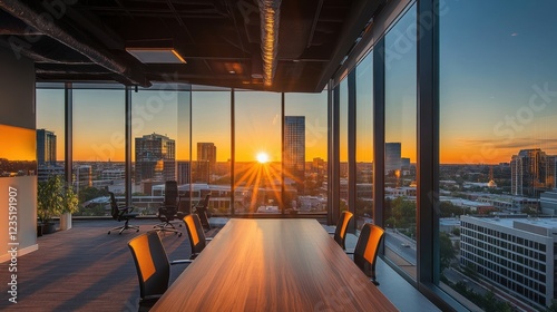 A modern office space with a panoramic city view at sunset.