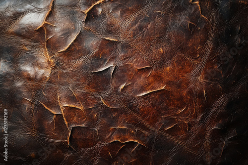 Distressed leather surface showcasing warm chestnut tones with intricate scratches and fading details photo