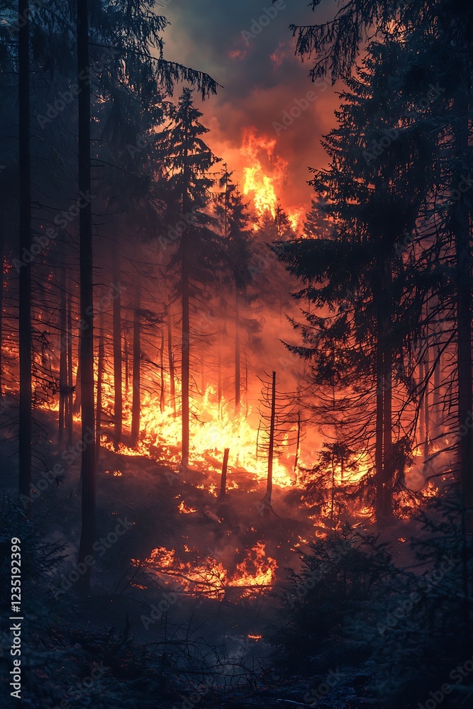 A wildfire burning brightly through a dense forest at sunset, creating a hauntingly beautiful scene. A wildfire burning brightly through a dense forest at sunset, creating a hauntingly beautiful scene.