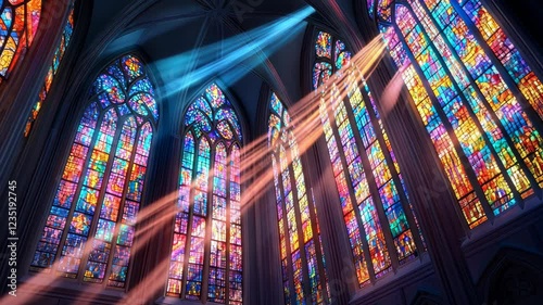 Stunning stained glass windows illuminate a historic cathedral with colorful light beams in the afternoon