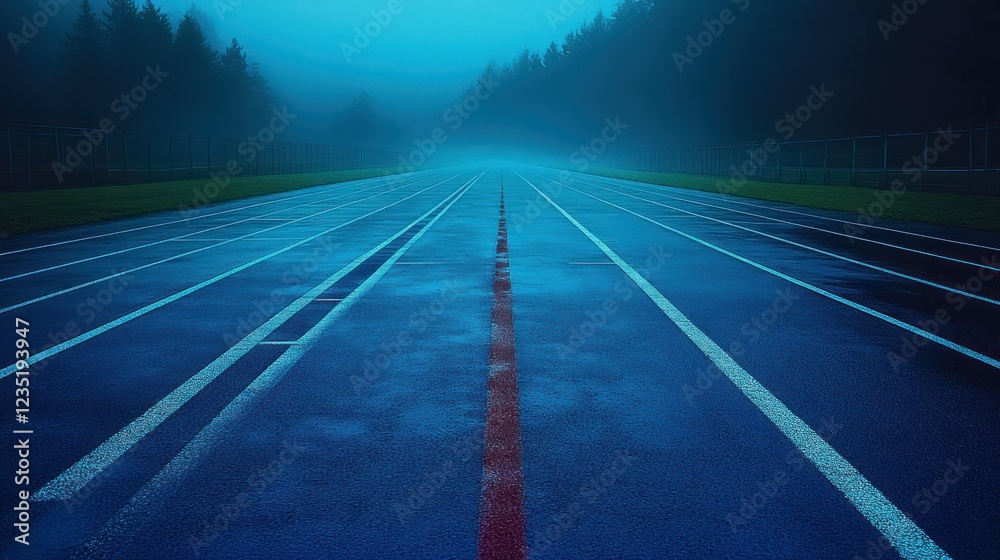 Foggy, rain-soaked track at dusk, misty forest Foggy, rain-soaked track at dusk, misty forest