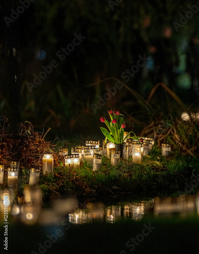Obraz na plátně Grave candles in a cemetery at all saints eve.