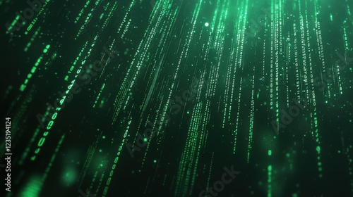 Abstract Green Digital Matrix with Glowing Code Strands Falling Down