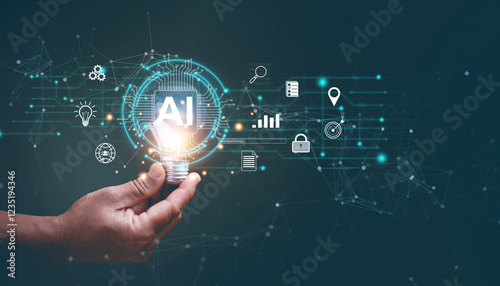 Artificial Intelligence concept, Innovative AI technology for business, Businessman holding lightbulb with Ai and icon of financial technology and business administration.