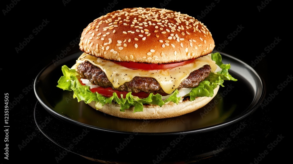 A delicious burger with a sesame seed bun, topped with lettuce, tomato, cheese, and a juicy beef patty, served on a black plate.