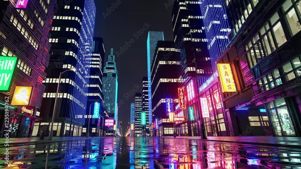 Neon-lit urban downtown at night with vibrant reflections on wet streets. Modern cityscape with glowing signs and skyscrapers creating cyberpunk atmosphere. Futuristic metropolitan scenery Neon-lit urban downtown at night with vibrant reflections on wet streets. Modern cityscape with glowing signs and skyscrapers creating cyberpunk atmosphere. Futuristic metropolitan scenery