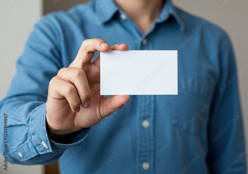 A close-up view of a person in a blue shirt holding a blank white business card in their hand A close-up view of a person in a blue shirt holding a blank white business card in their hand
