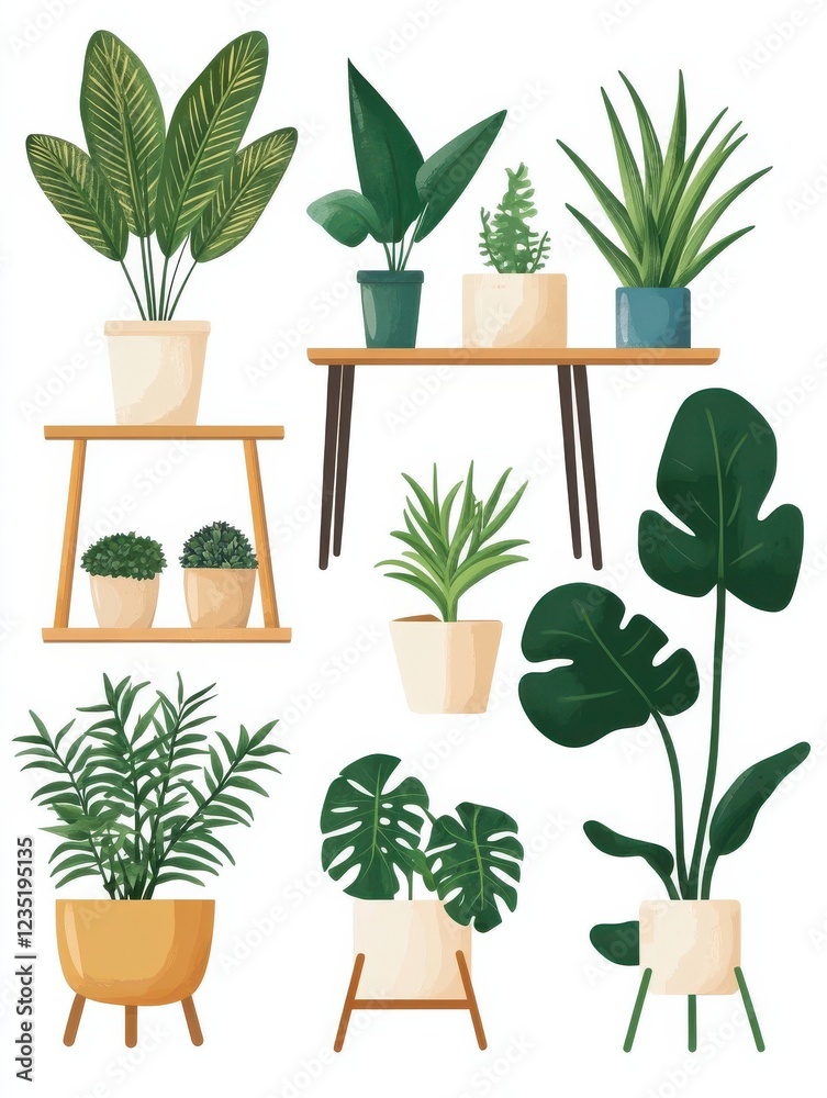 Obraz premium Green home decoration vector set. Scandinavian hygge style interior with furniture. Home plants in flower pot. Flat vector cartoon illustration isolated on white background.