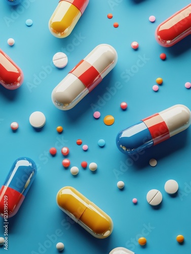Abstract color pills on blue background. Medicine and illness concept. 3D Rendering photo