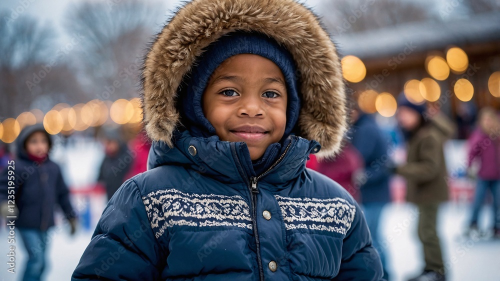 Joyful young skater enjoying a winter day while surrounded by a lively ice skating rink in a festive atmosphere filled with twinkling lights and cheerful children Joyful young skater enjoying a winter day while surrounded by a lively ice skating rink in a festive atmosphere filled with twinkling lights and cheerful children