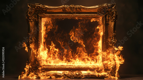 Ornate baroque picture frame engulfed in flames. Baroque Drama. Illustration