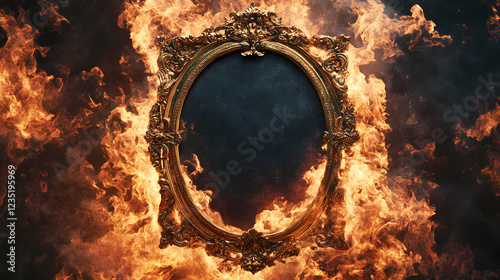 Ornate baroque picture frame engulfed in flames. Baroque Drama. Illustration