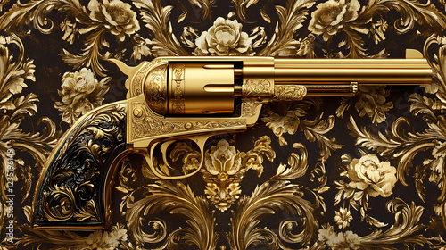 Ornate gold revolver on intricate background, ideal for wall art, luxury decor, and vintage theme advertisements, evoking historical elegance. Baroque Drama. Illustration