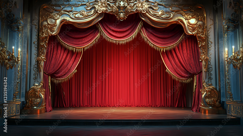 Fototapeta premium Ornate stage with red curtains and gold accents. Baroque Drama. Illustration