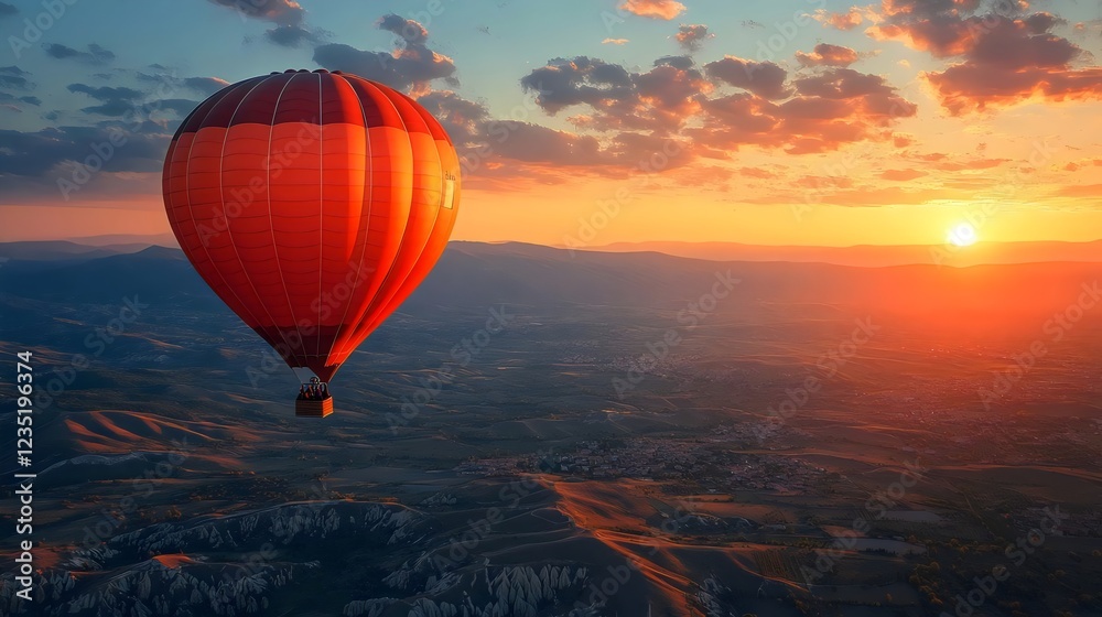 A hot air balloon is flying over a beautiful landscape with a setting sun A hot air balloon is flying over a beautiful landscape with a setting sun
