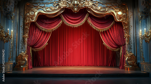 Ornate stage with red curtains and gold accents. Baroque Drama. Illustration