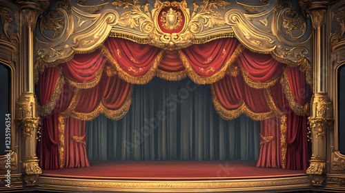Ornate stage with gold detailing, velvet curtains. ideal backdrop for theatre, opera, or performance arts. Baroque Drama. Illustration