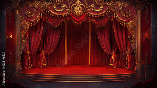 Ornate theater stage with intricate baroque details an luxurious curtains. Baroque Drama. Illustration