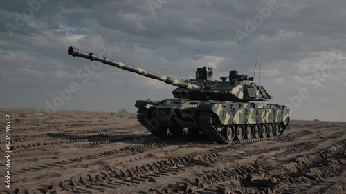 Modern military tank with camouflage pattern traversing desert terrain under dramatic cloudy sky. Combat vehicle demonstration in harsh environment. Strategic defense equipment