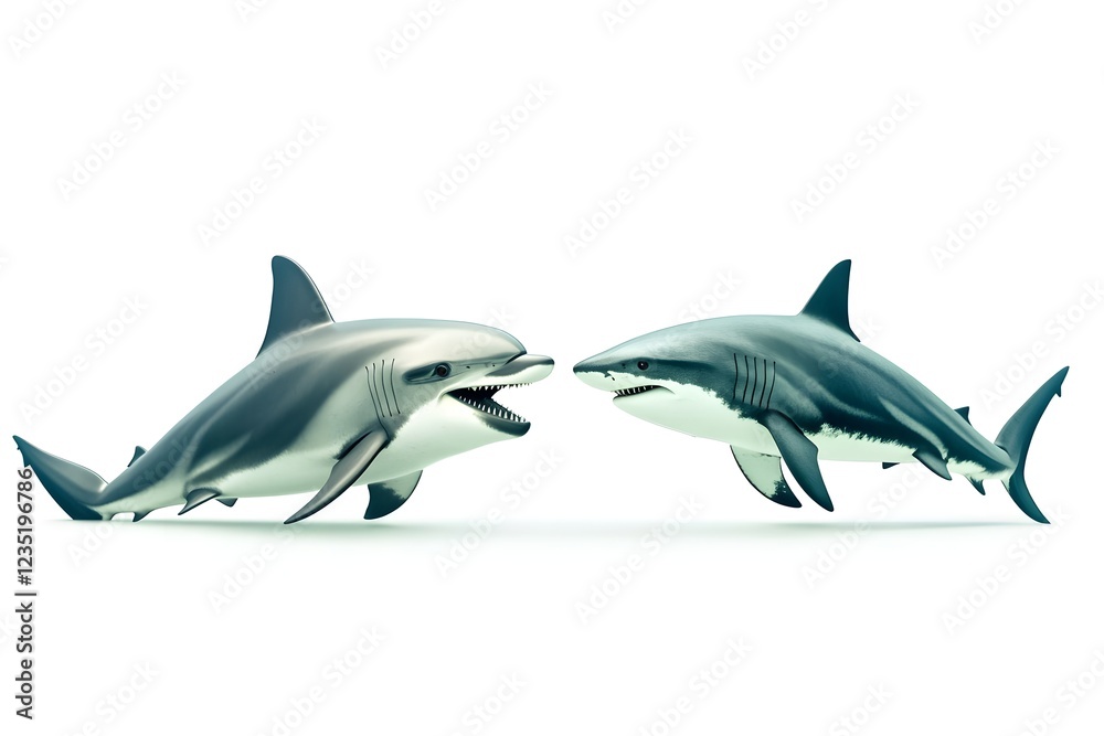 Obraz premium Dolphin and Shark Playing Together in the Ocean