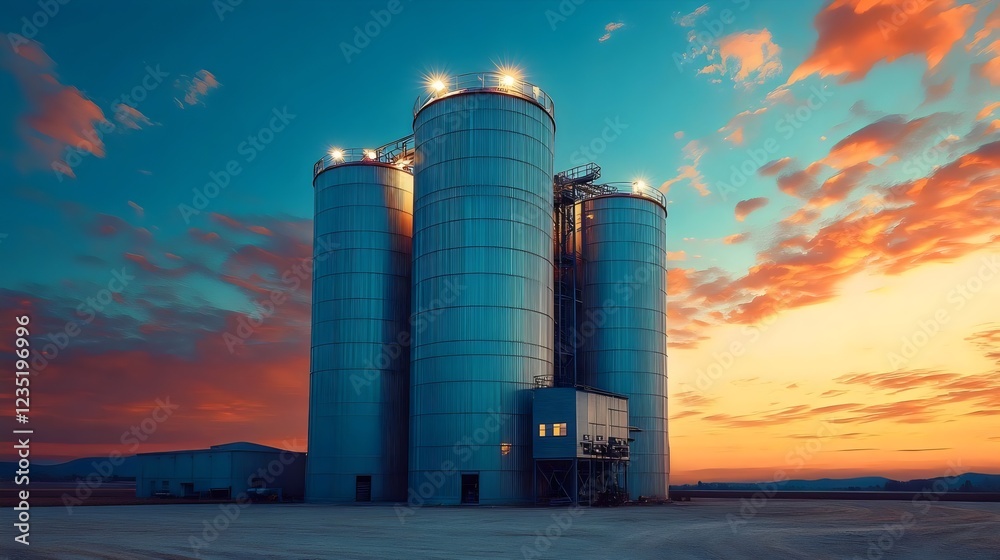 Obraz premium A large industrial building with three tall silos