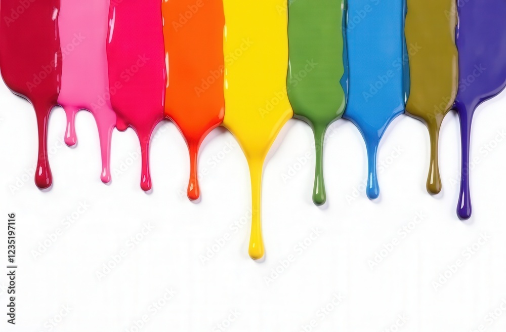 Naklejka premium Vibrant colorful paint drips, blending seamlessly in rich streams, creating a mesmerizing gradient on white background