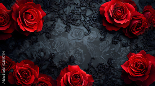 Red roses and black lace design with dramatic and elegant aesthetic. Baroque Drama. Illustration
