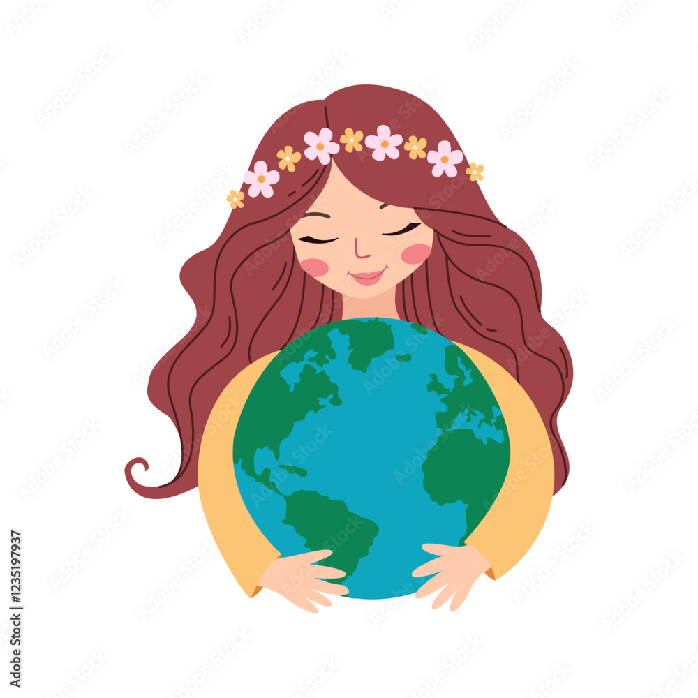 Earth day concept illustration. Girl holding the earth. Saving the planet, environment. Vector illustration for poster, banner, print, web. Earth day concept illustration. Girl holding the earth. Saving the planet, environment. Vector illustration for poster, banner, print, web.