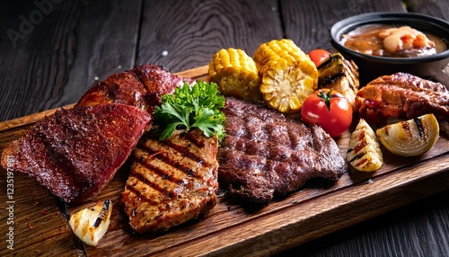 assorted mixed grilled bbq meat with vegetables on wooden platter