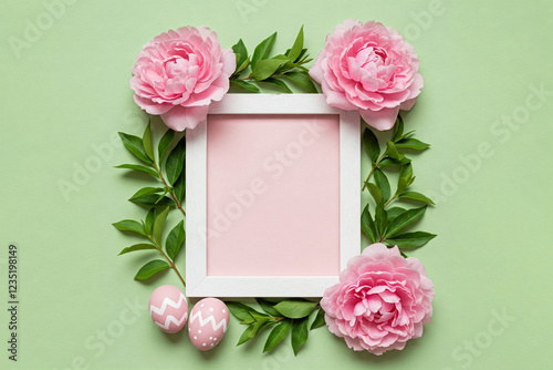 Isolated Mockup white frame adorned with pink flowers and greenery