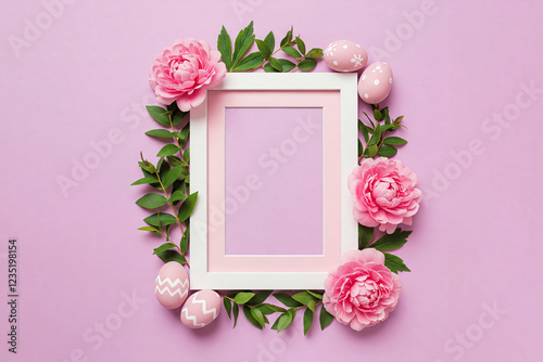 Isolated mockup white frame adorned with pink flowers and greenery