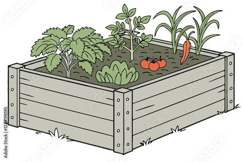 A photograph of a rectangular wooden garden bed filled with a variety of plants and vegetables. The bed is made of weathered, grayish-brown wood with a rustic appearance. The plants include leafy gree