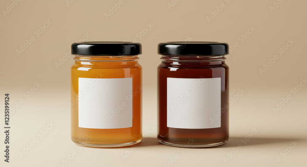 Two small glass jars filled with honey one light amber and the other darker in shade Two small glass jars filled with honey one light amber and the other darker in shade