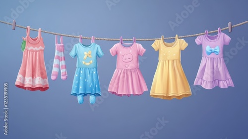 Clothes on ropes. Clothesline, kids cloth dry on lines. Children skirt socks shirt, isolated cartoon clean baby apparel hanging exact vector set photo